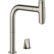 Змішувач Metris Select 200 кухонний з витяжним виливом 2Jet на 2 отвори Sbox, Stainless Steel Finish (73818800)