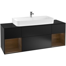 FINION Тумба під умивальник 1600x603x501 Black Matt, Glass Black Matt, полиці Walnut Veneer+2LED (F212GNPD)