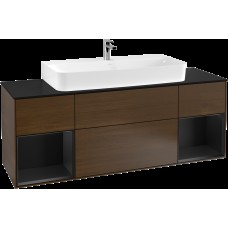 FINION Тумба під умивальник 160x50,1x60,3 Walnut Veneer, Glass BlackMatt, пол. BlackMatt + 2LED (F212PDGN)