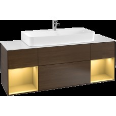 FINION Тумба під умивальник 1600x603x501 Walnut Veneer, Glass White Matt, полиці Gold Matt + 4LED (G211HFGN)