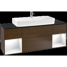 FINION Тумба під умивальник 1600x603x501 Walnut Veneer, Glass Black Matt, полиці White Glossy+ 4LED (G212GFGN)