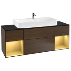 FINION Тумба під умивальник 1600x603x501 Walnut Veneer, Glass BlackMatt, полиці Gold Matt+ 4LED (G212HFGN)