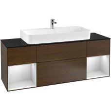 FINION Тумба під умивальник 1600x603x501 Walnut Veneer, Glass Black Matt, полиці White Matt + 4LED (G212MTGN)