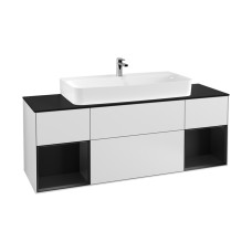 FINION Тумба під умивальник 1600x603x501 White Matt, Glass Black Matt, полиці Black Matt+ 4LED ( G212PDMT)