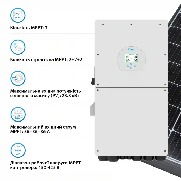 Гібридний інвертор Deye SUN-18K-SG01LP1-EU-AM3-P 18kW 48V 3 MPPT Wi-Fi 220V Однофазний